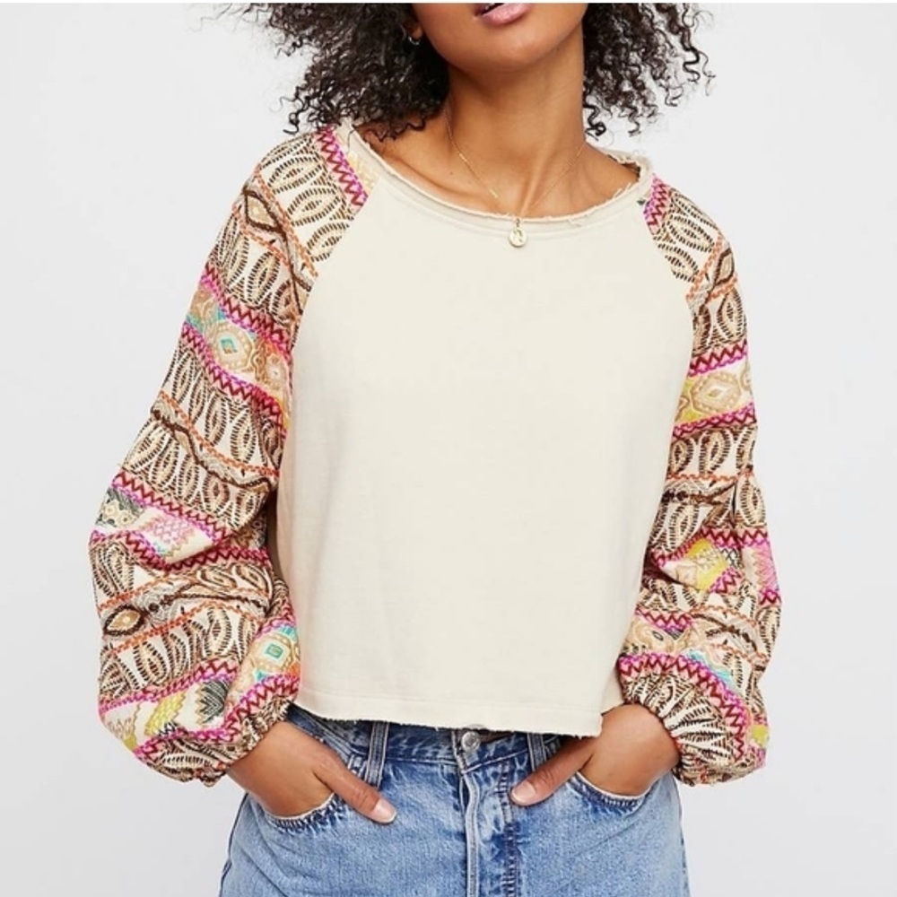 Free People Global cropped Beige Top with Colorful Knit Sleeves size large